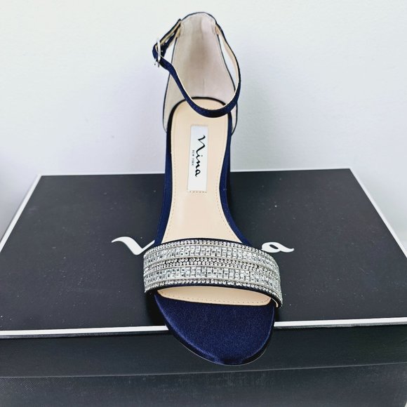 Nina, Elenora Low Strap Heels, New Navy Luster, Satin, Rhinestones, 5M - Picture 3 of 8